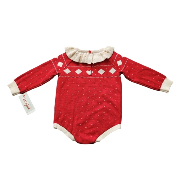 Baby Girls Fair Isle Sweater Romper Ruffled - Cat & Jack Red One Piece Bodysuit - Picture 6 of 10